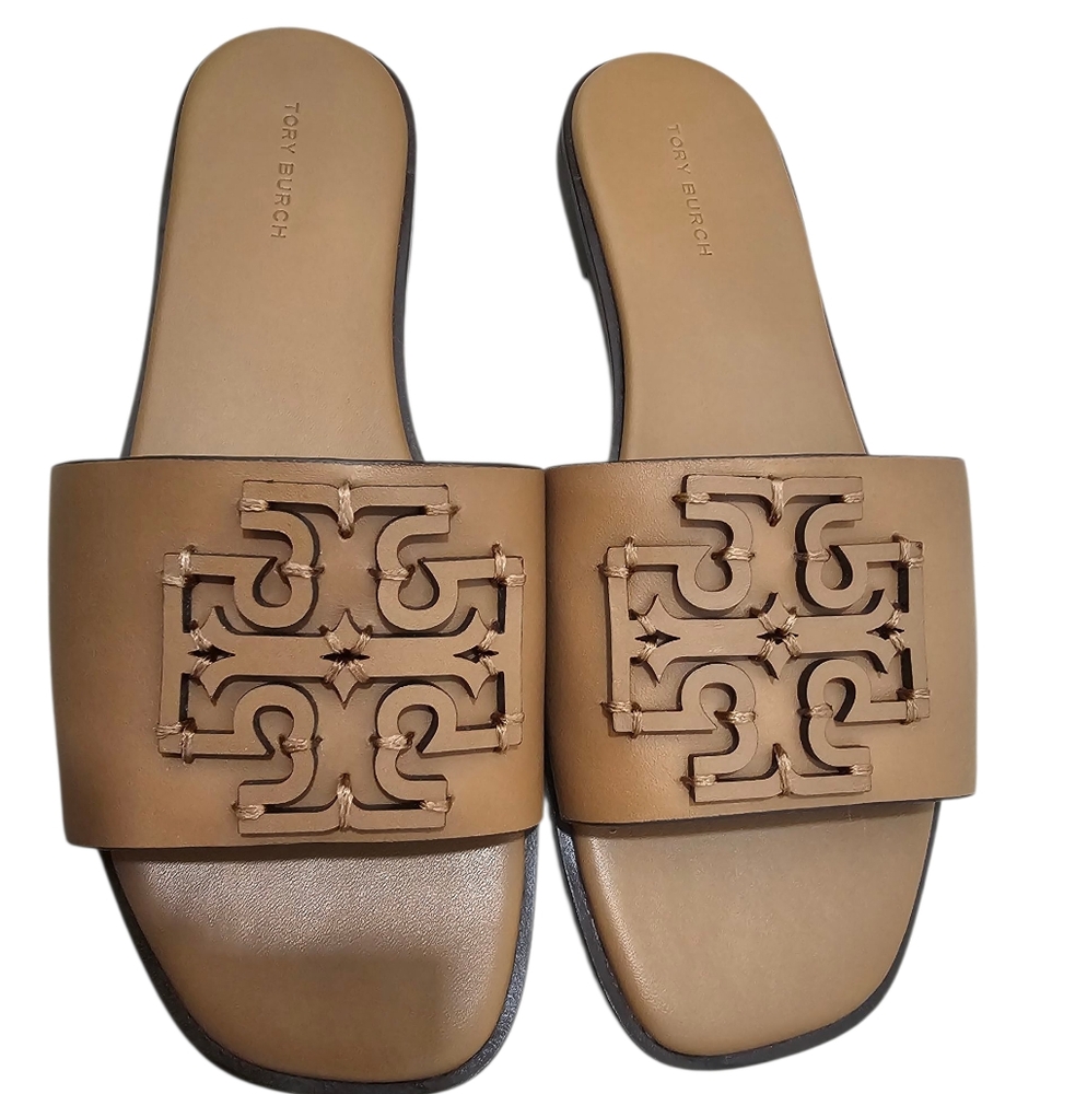 Tory Burch Tan Logo Slide Sandals